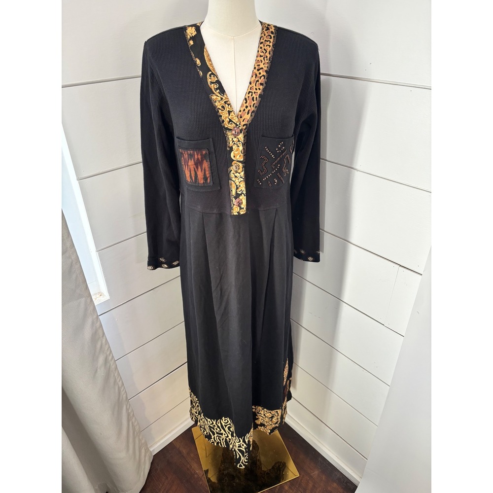 Surya Maxi Dress Womens Medium Black Gold Batik Animal Print Excellent Bohemian